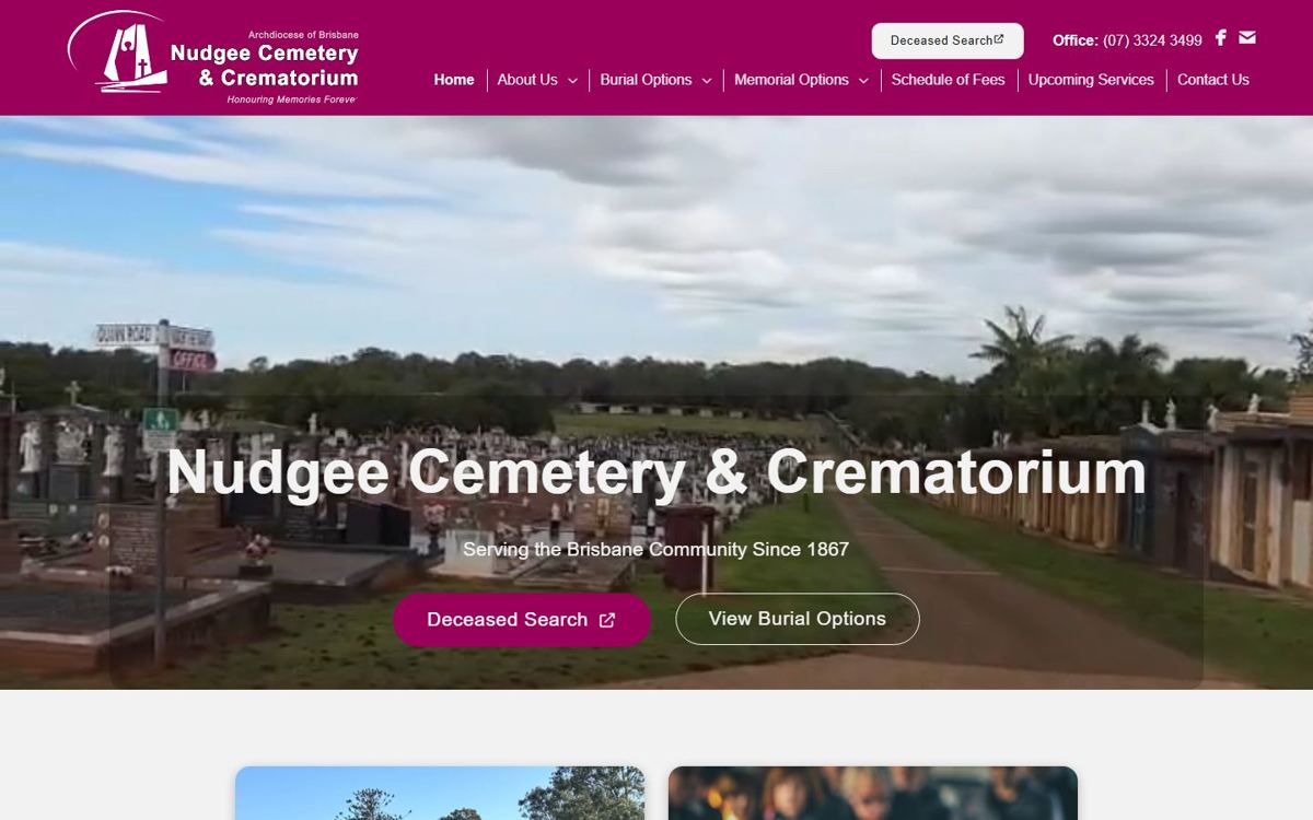 Nudgee Cemetery & Crematorium website homepage, built by WP Easy
